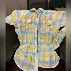 Ariat blue & yellow plaid pearl snap western shirt women's XL
